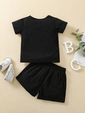 Cotton Blend Round Neck Mom + Dad Print Black T Shirt N Same Color Solid Pant Set