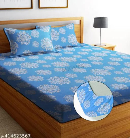 Super Soft Glace Cotton All Round Elastic Fitted Double Bed Bedsheet with 2 Pillow Covers-72x78x8
