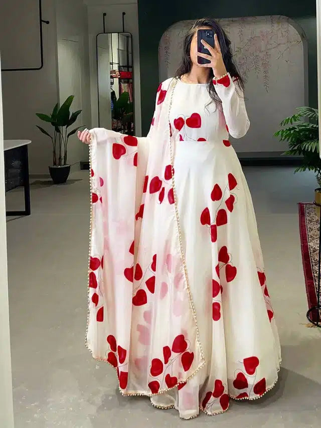 Georgette Printed Gown with Dupatta for Women (White & Red, XXL)