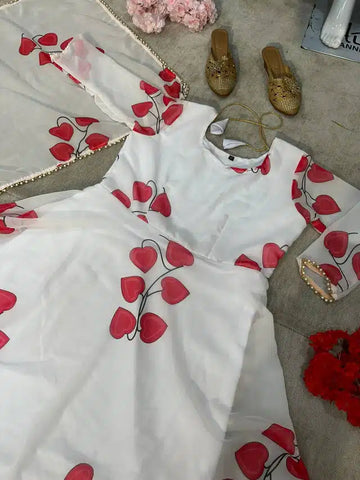 Georgette Printed Gown with Dupatta for Women (White & Red, XXL)