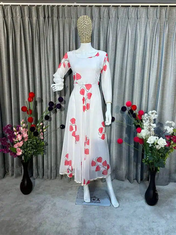 Georgette Printed Gown with Dupatta for Women (White & Red, XXL)