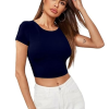 Women Short Sleeves Navy Blue Crop Top