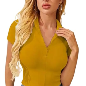 Women Collar V-Neck Mustard Yellow Crop Top