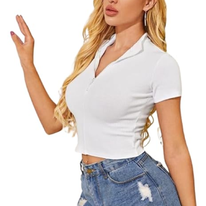 Women Collar V-Neck White Crop Top