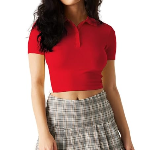 Women Ribbed Button Up Red Crop Top