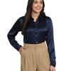Women Formal Satin Navy Blue Shirt