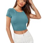 Women Short Sleeves Blue Crop Top