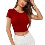 Women Short Sleeves Red Crop Top