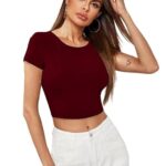 Women Short Sleeves Maroon Crop Top