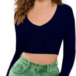 Women V-Neck Navy Blue Crop Top