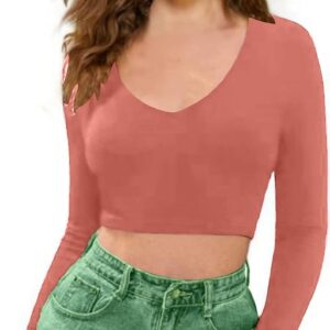 Women V-Neck Rose Peach Crop Top