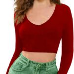 Women V-Neck Red Crop Top