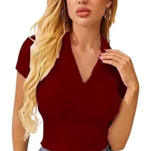Women Collar V-Neck Maroon Crop Top