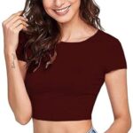 Women Round Neck Maroon Crop Top