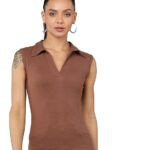 Women Collared Neck Brown Crop Top