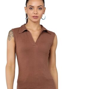 Women Collared Neck Brown Crop Top