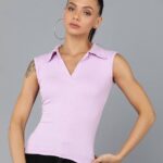 Women Collared Neck Lilac Crop Top