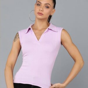 Women Collared Neck Lilac Crop Top