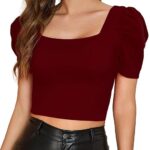 Women Puff Sleeve Maroon Crop Top