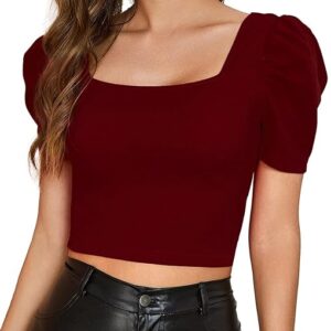 Women Puff Sleeve Maroon Crop Top