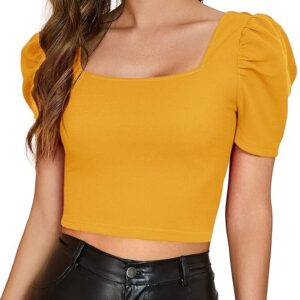 Women Puff Sleeve Mustard Crop Top
