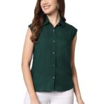Women Plain Sleevesless Dark Green Shirt