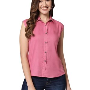 Women Plain Sleevesless Pink Shirt