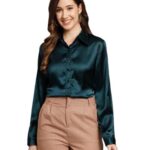 Women Formal Satin Dark Green Shirt