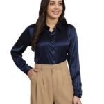 Women Formal Satin Navy Blue Shirt